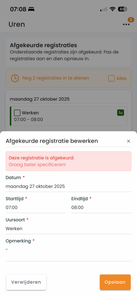 Een schermafbeelding waarin een afgekeurde registratie geopend is en bewerkt kan worden