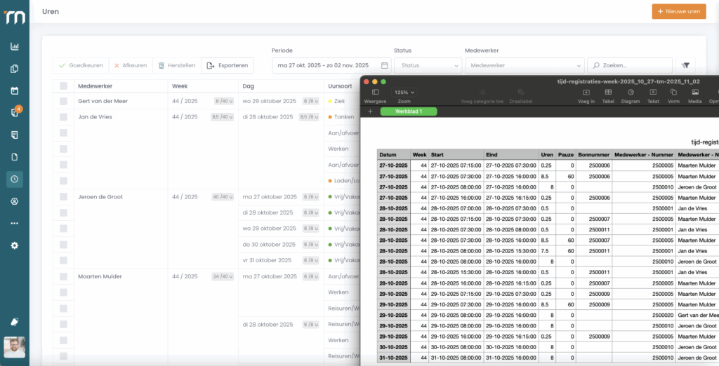 Een schermafbeelding die laat zien dat goedgekeurde uren zijn geexporteerd naar een csv-bestand